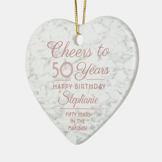 1フォトANY誕生日ピンク白フェイク大理石ハート セラミックオーナメント (左)