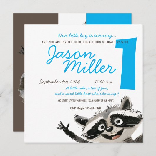 1ベビーターニングのためのRacoonテーマの誕生日パーティー 招待状 (正面/裏面)