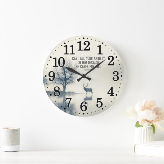 1ペテロ5:7あなたがたの心配を彼に投げ気にる ラージ壁時計 (ホーム)