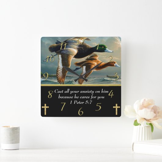 1ペテロ5:7キリスト教の信仰はアヒルと交わる スクエア壁時計 (ホーム)