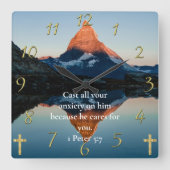 1ペテロ5:7キリスト教信仰の湖の景色 スクエア壁時計 (正面)