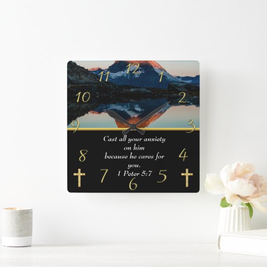 1ペテロ5:7キリスト教信仰の湖 スクエア壁時計 (ホーム)