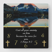 1ペテロ5:7キリスト教信仰の湖 スクエア壁時計 (正面)