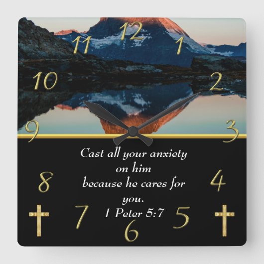 1ペテロ5:7キリスト教信仰の湖 スクエア壁時計 (正面)