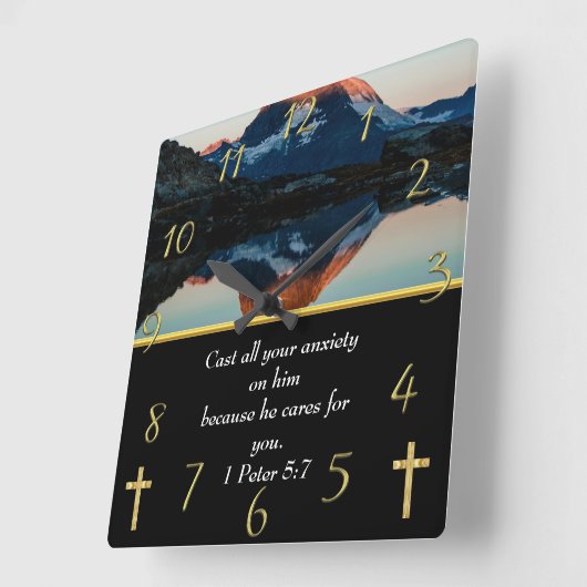 1ペテロ5:7キリスト教信仰の湖 スクエア壁時計 (傾斜)