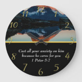 1ペテロ5:7キリスト教信仰の湖 ラージ壁時計 (正面)