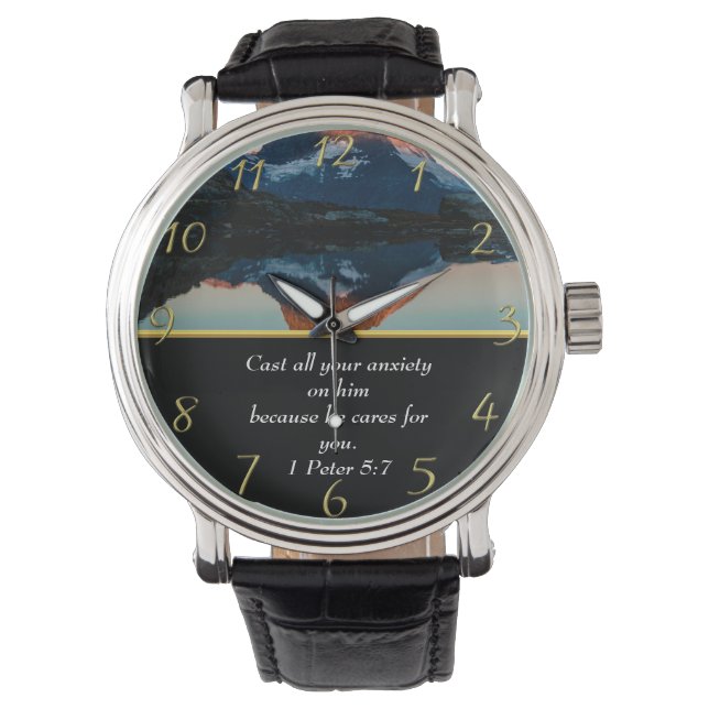 1ペテロ5:7キリスト教信仰の湖 腕時計 (正面)