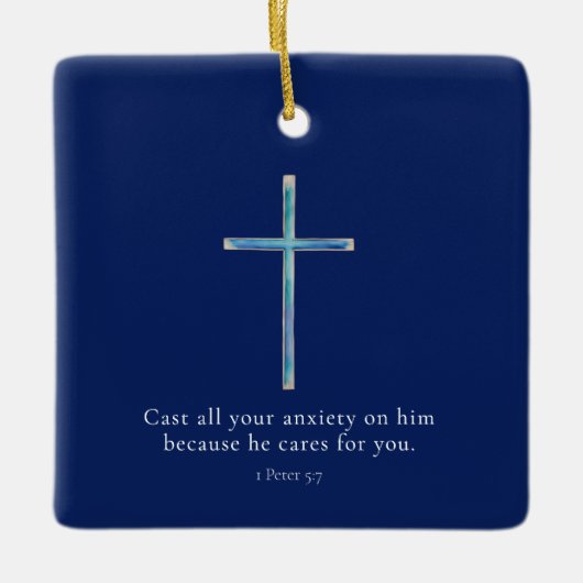 1ペテロ5:7ミニマリストクロス セラミックオーナメント (正面)