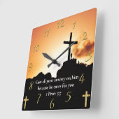 1ペテロ5:7山で十字架 スクエア壁時計 (傾斜)
