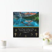 1ペテロ5:7山の湖 スクエア壁時計 (ホーム)