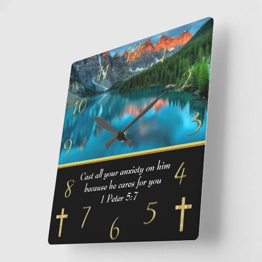 1ペテロ5:7山の湖 スクエア壁時計 (傾斜)