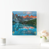 1ペテロ5:7美しい山の湖のビュー スクエア壁時計 (ホーム)