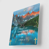 1ペテロ5:7美しい山の湖のビュー スクエア壁時計 (傾斜)