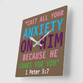 1ペテロ5:7聖書の聖句カラフルプリントクリスチャン スクエア壁時計 (傾斜)