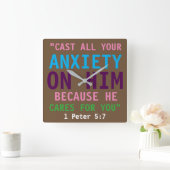 1ペテロ5:7聖書の聖句カラフルプリントクリスチャン スクエア壁時計 (ホーム)