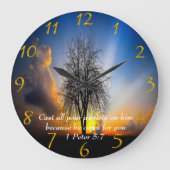 1ペテロ5:7青い空のフィールドの木 ラージ壁時計 (正面)