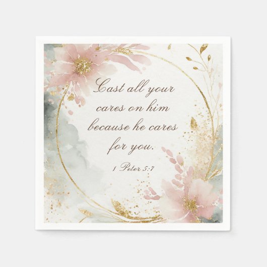 「1ペテロ5:7 すべての思いを彼にゆだねなさい」聖書の詩 スタンダードカクテルナプキン (正面)