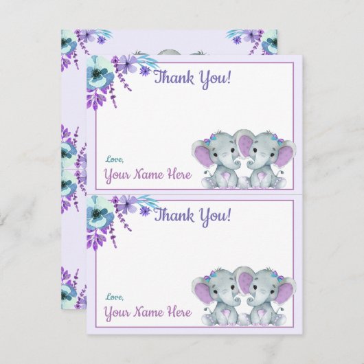 1ページあたり2つのサンキューカードゾウのツインシャワー 招待状 (正面/裏面)