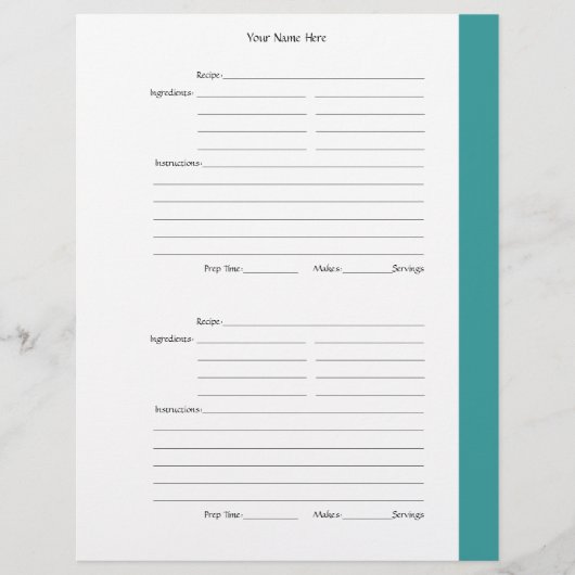 1ページあたり4 -ティール（緑がかった色）の両面レシピページ (正面)