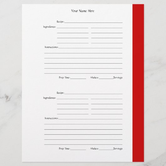 1ページあたり4 – 赤い両面レシピページ (正面)