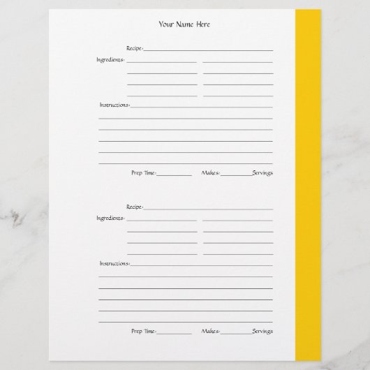 1ページあたり4 – 黄色の両面レシピページ (正面)