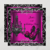 1ホットピンクブラックパーティー誕生日ハイヒールシューズ 招待状 (正面/裏面)