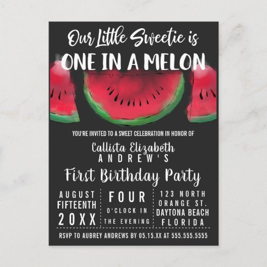 1メロンウォーター色のスイカ1歳 インビテーションポストカード (正面)