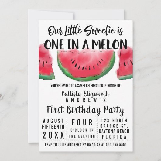 1メロンウォーター色のスイカ1歳 招待状 (正面)
