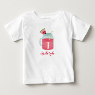 1メロンスイカ飲み物1歳の誕生日 ベビーTシャツ