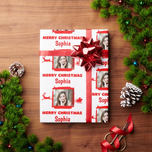 1モダン枚赤と白の写真メリークリスマス ラッピングペーパー (クリスマスギフト)