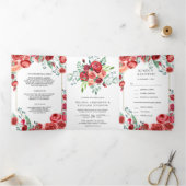 1モダンsのバーガンディ赤いバラのフローラ3 結婚 三つ折り招待状 (内部)
