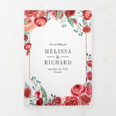 1モダンsのバーガンディ赤いバラのフローラ3 結婚 三つ折り招待状 (カバー)