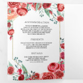 1モダンsのバーガンディ赤いバラのフローラ3 結婚 三つ折り招待状 (内部最初)