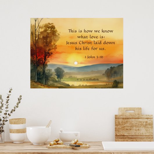 1ヨハネ3:16イエスは私たちの聖書のために彼の命を置いた ポスター (キッチン)