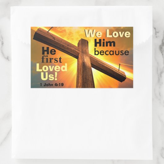 1ヨハネ4:19わたしたちは彼を愛する 長方形シール (バッグ)