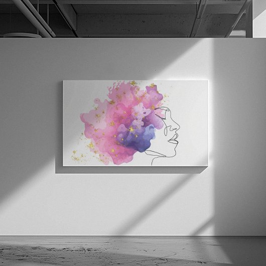 1ラインの女の子はピンクの青い雲と金ゴールド キャンバスプリント