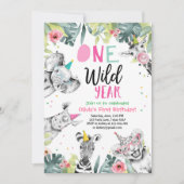 1ワイルドイヤー女の子の誕生日パーティサファリ動物 招待状 (正面)