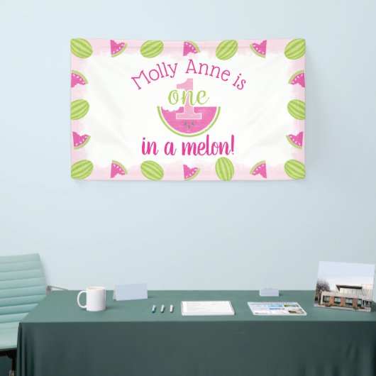 1人でメロンスイカの女の子1歳の誕生日 横断幕 (トレードショー)