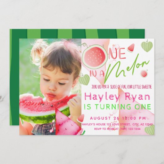 1人でメロン写真1歳の誕生日 招待状 (正面/裏面)