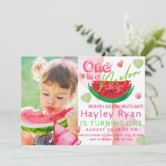1人でメロン写真1歳の誕生日 招待状 (スタンド正面)