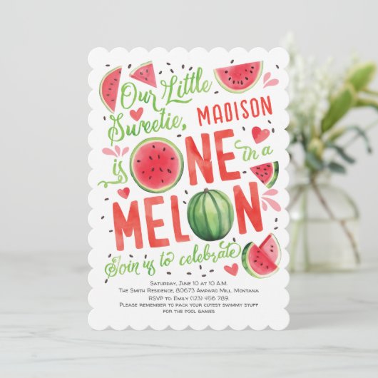 1人でメロン、かわいい夏かわいい1歳の誕生日 招待状 (スタンド正面)