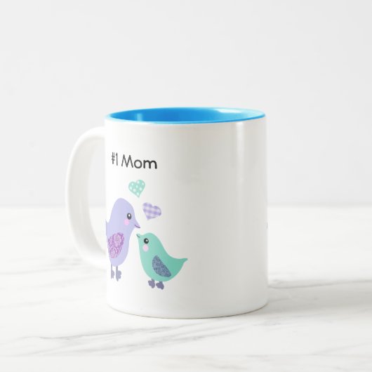 1人のお母さんにかわいい紫色及び青の鳥及びひよこのマグ番号を付けて下さい ツートーンマグカップ (正面左)
