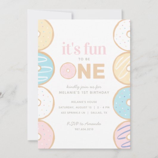 1人のドーナツの最初の誕生日パーティーになるおもしろい 招待状 (正面)