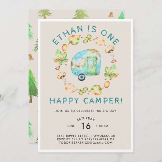 1人のハッピーキャンパー·ファースト·バースデー·パーティー 招待状 (正面/裏面)