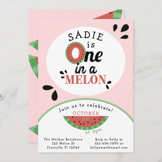 1人のメロンの女の子ファースト誕生日 招待状 (正面/裏面)