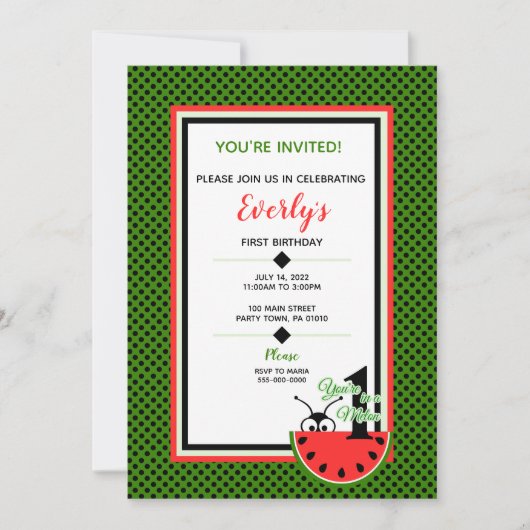 1人のメロンピクニックアントファースト誕生日 招待状 (正面)