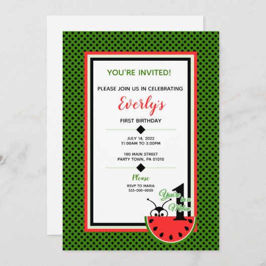 1人のメロンピクニックアントファースト誕生日 招待状 (正面/裏面)