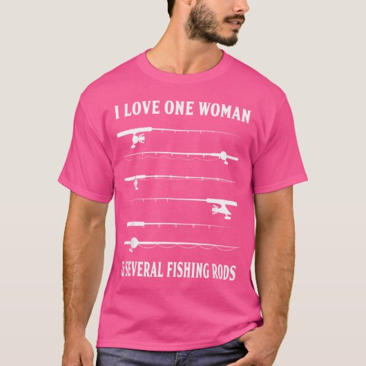 1人の女性と複数の魚釣りロッドおもしろいFi Tシャツ (正面)
