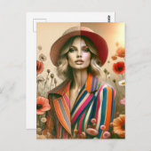 1人の女性2人のスタイルストライプファッションスケッチ ポストカード (正面/裏面)