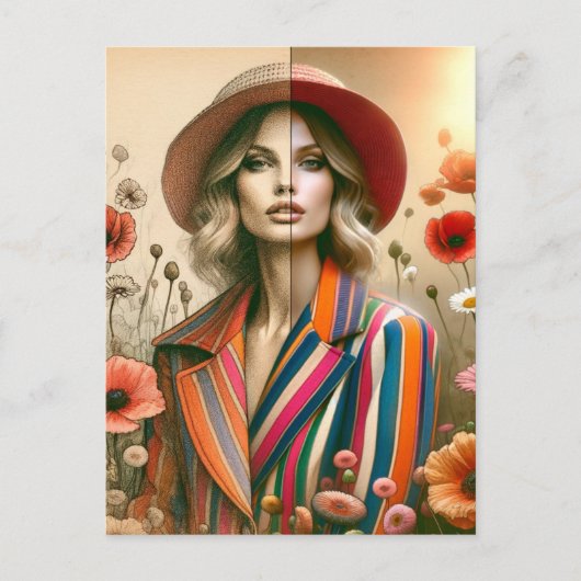 1人の女性2人のスタイルストライプファッションスケッチ ポストカード (正面)